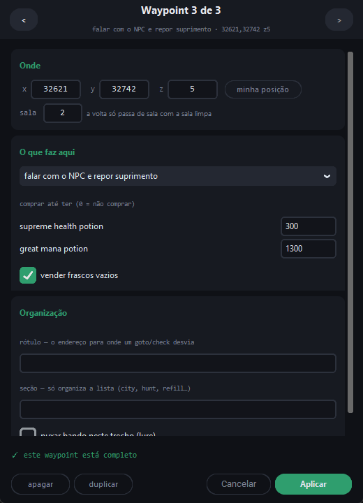 Configuração de waypoint do MazeBot
